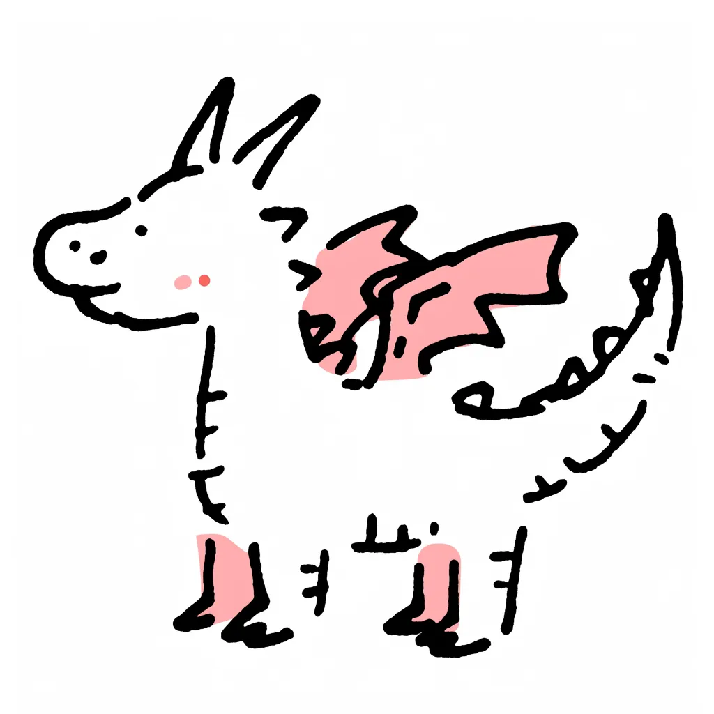 落書きゆるい手書きのドラゴン｜丸みのあるシルエットとほっぺの赤が印象的なドラゴン。手書き感のある線とピンクの羽が親しみやすさを演出し、ゆるい雰囲気が楽しい気持ちを誘います。