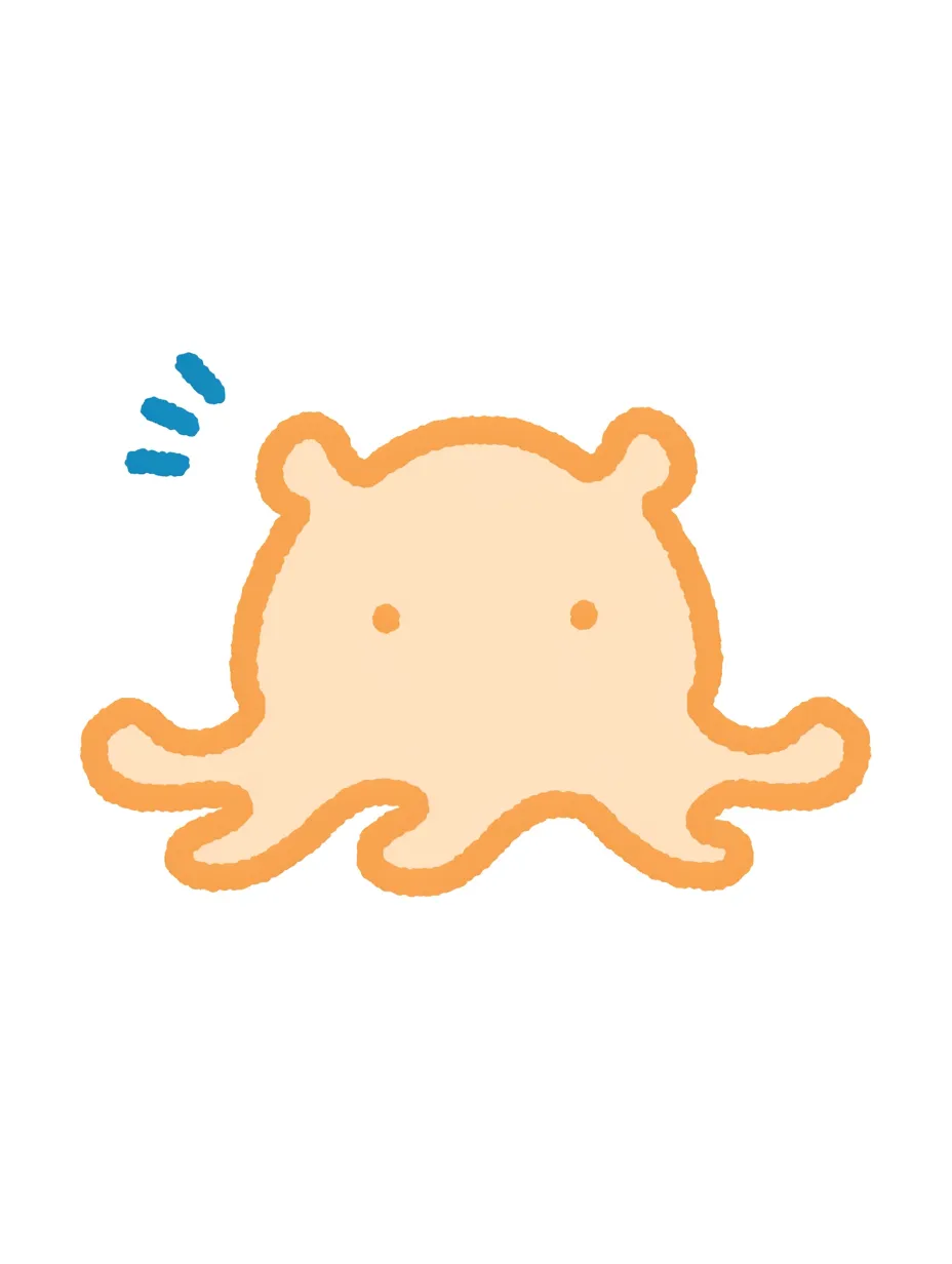 びっくり顔のゆるいメンダコ｜オレンジの輪郭が元気な印象を与えるゆるいメンダコ。ぱっとした表情と動きのある記号が、ちょっとした驚きをかわいく表現しています。