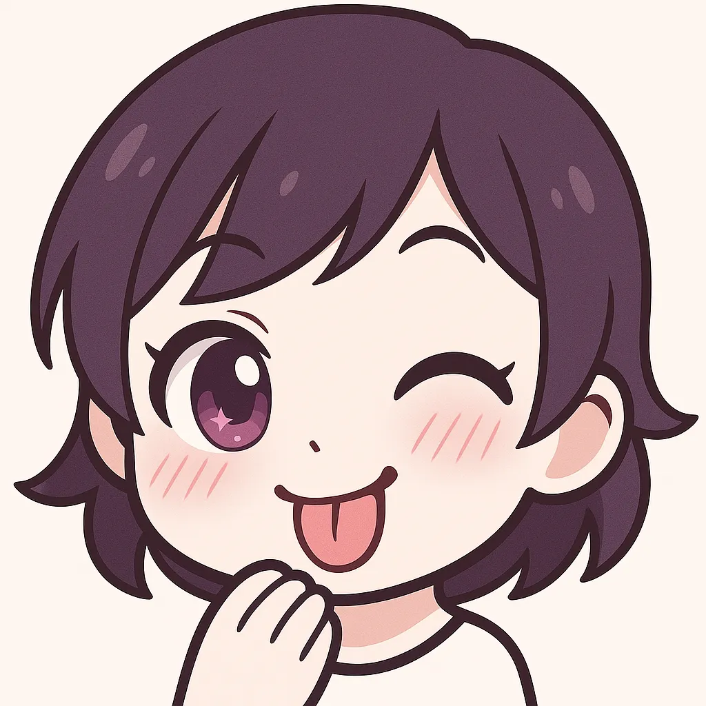 ミニマルトゥーンなてへぺろ顔文字｜(・ω<) てへぺろ のように片目を閉じて舌を出すお茶目な表情をモチーフにしたイラストです。ウインクした瞳、赤い舌、ピンクの頬がポイント。アスキーアートの軽快な「てへぺろ」をシンプルに立体化しています。