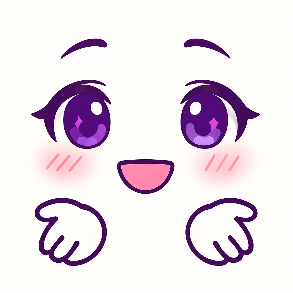 顔文字どうぞ｜両手を前に差し出すようなポーズで、何かを「どうぞ」と渡す優しい表情を構成。目は穏やかで眉はやや下がり気味。「( ´ ▽ ` )つ」などの顔文字を参考に、やわらかい笑顔とおもてなしの雰囲気を強調。