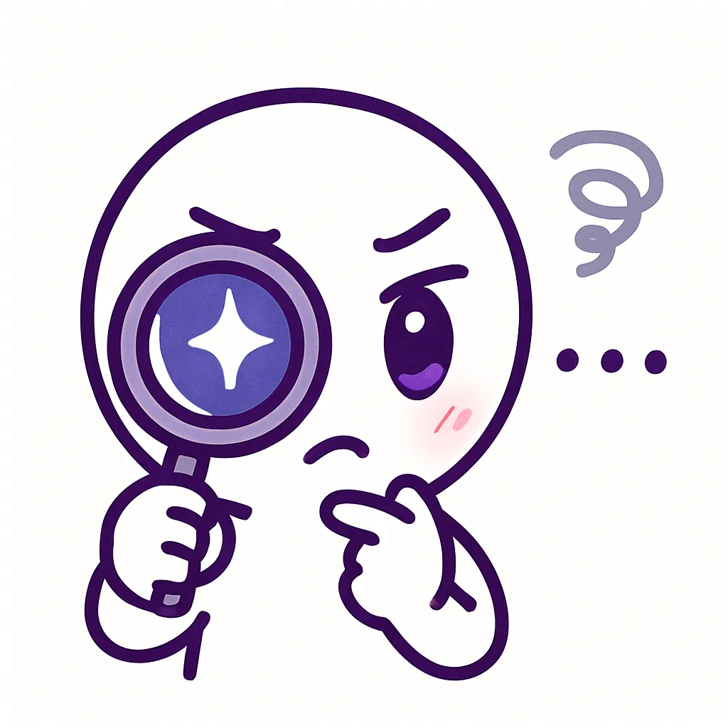 顔文字調べる｜虫眼鏡をのぞき込むようなポーズで、キャラが何かを「調べている」様子を描写。目は集中線つきでキラリと輝き、口元は「ふむ…」の形。「(｀・ω・´)ｼｬｷｰﾝ」や「( -_・)?」を参考に、可愛い探偵風の演出に。