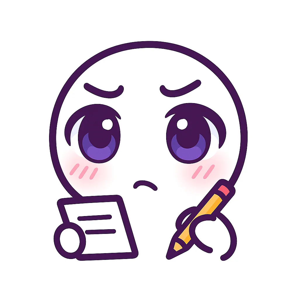 メモを取る顔文字｜真剣な眼差しでメモ帳と鉛筆を持つキャラクターが印象的な、ポップなカラーリングの顔イラスト。大きな瞳が集中力を表現し、顔文字オワタの頑張る姿をかわいらしく表現している。