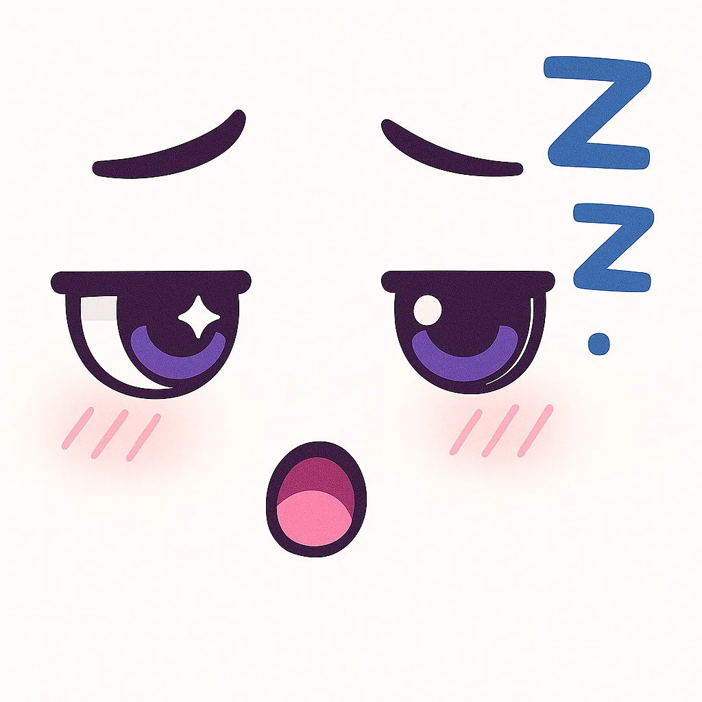 顔文字眠い｜目がとろんとした半目で、まぶたが落ちかけた表情を中心に構成。口は小さく開いてあくび風、眉は内側に少し寄せて眠気を強調。紫がかった瞳と薄ピンクの頬でぼんやりとした雰囲気を表現し、横に揺れるZマークで眠気を演出。