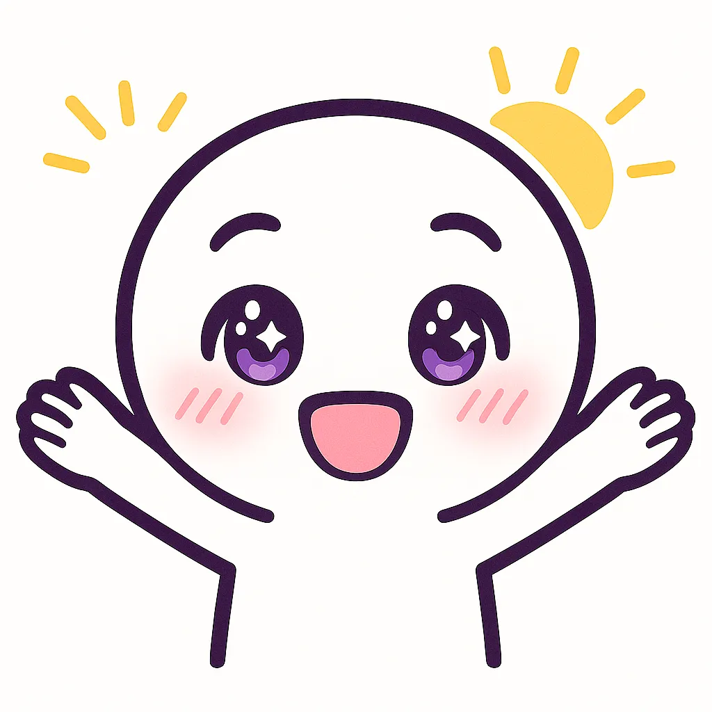 顔文字おはよう｜朝の挨拶をイメージした、目覚めの元気さと優しさを表す顔文字風デザイン。にっこりとした目と両手を軽く上げたおはようポーズで、頬の赤らみときらきらの目で爽やかさを演出。背景は白でシンプルにまとめ、光が差し込むような雰囲気に。参考AA：(・∀・)ノおはよう！