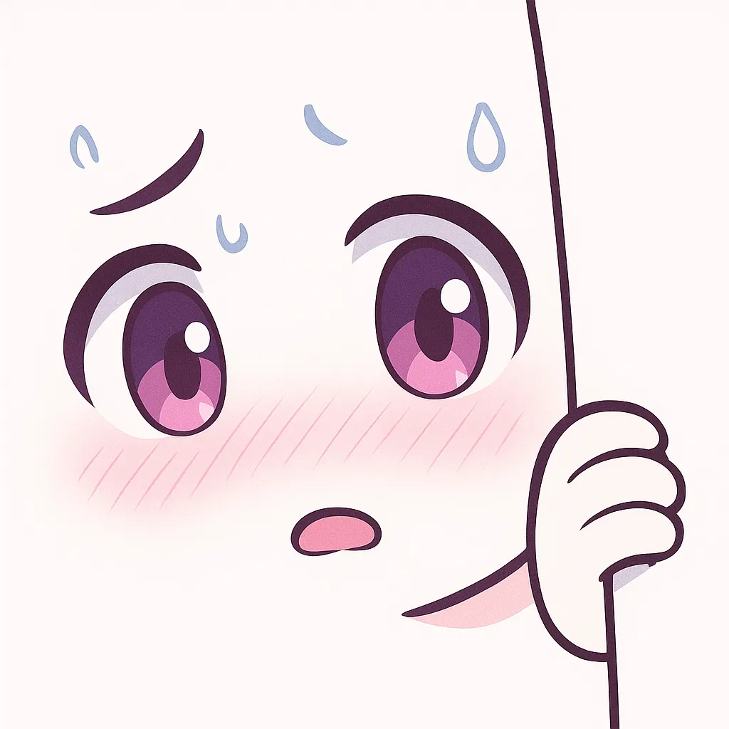 ミニマルトゥーンなこっそり顔文字｜(；・∀・) こっそり のように目を丸くして驚きながらも隠れている仕草をモチーフにしたイラストです。大きな瞳と焦った汗マーク、赤らんだ頬が可愛らしく、記号的な「こっそり感」をポップに表現しています。