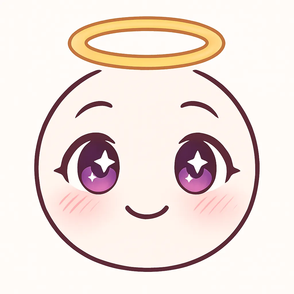ミニマルトゥーンな天使顔文字｜(*´▽｀*) 天使 のように優しい微笑みと無垢な表情をモチーフにしたイラストです。丸い紫の瞳に星のハイライト、赤らむ頬、頭上の小さな光輪がポイント。シンプルな顔だけで天使らしさを表現しました。