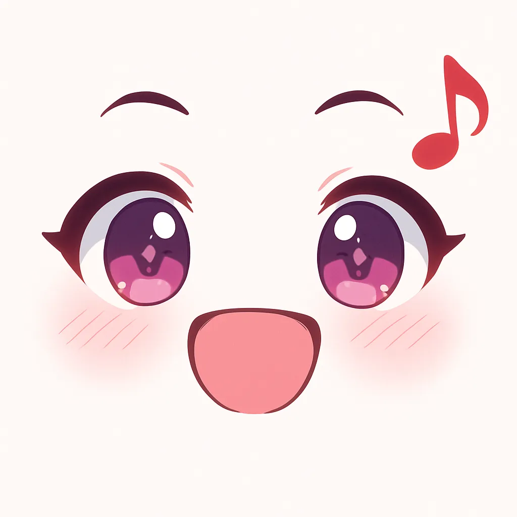 ミニマルトゥーンなダンス顔文字｜(*≧∇≦)♪ ダンス のように楽しそうに踊る表情をモチーフにしたイラストです。大きく輝く瞳と口を開けた笑顔、赤い音符マークが特徴。アスキーアートのリズム感を顔だけで表現しています。