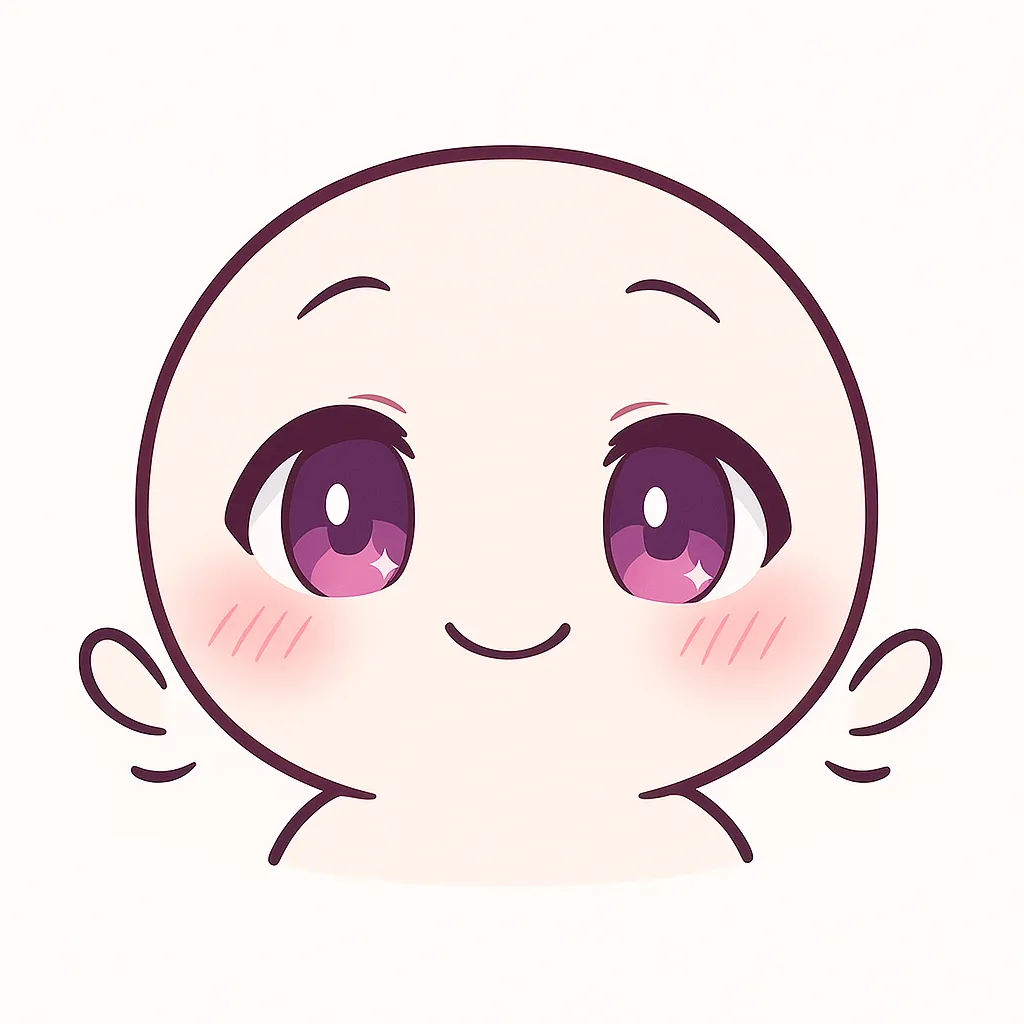 ミニマルトゥーンなるんるん顔文字｜(*´ω｀*)るんるん のように嬉しさに満ちた表情をモチーフにしたイラストです。柔らかい目元と小さな笑み、ほわっと赤らむ頬が特徴で、アスキーアートの幸せ感をミニマルにビジュアル化しています。