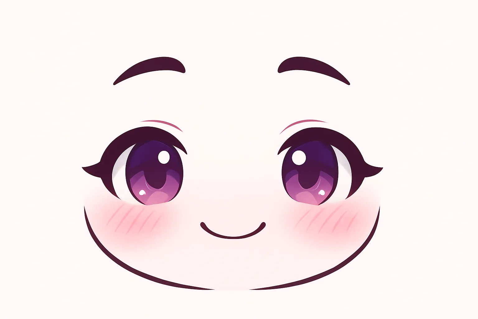 ミニマルトゥーンな笑顔の顔文字｜(*´∀｀*) 笑顔 のようににっこり微笑む表情をモチーフにしたイラストです。丸い紫の瞳にハイライト、赤らんだ頬、優しい口元が特徴で、アスキーアートの朗らかさをシンプルに再現しています。