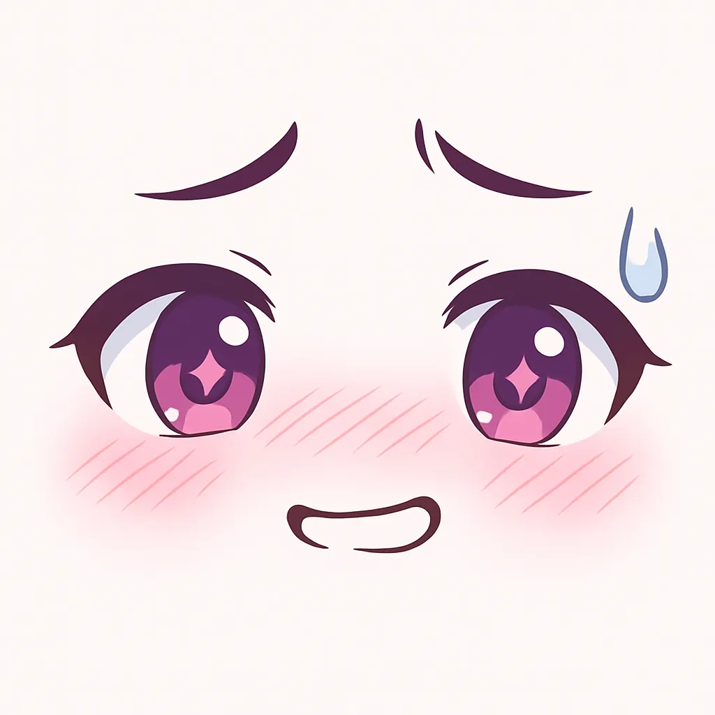 ミニマルトゥーンな苦笑い顔文字｜(；´∀｀) 苦笑い のようにちょっと困ったように笑う表情をモチーフにしたイラストです。目尻が下がった瞳と小さく開いた口、青い汗マークが特徴で、アスキーアートの気まずい微笑をシンプルに表現しています。