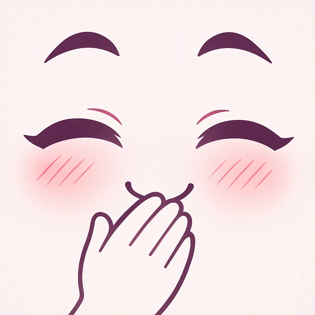 ミニマルトゥーンなふふふ顔文字｜(*´艸｀*) ふふふ のように口元を隠して楽しそうに笑う表情をモチーフにしたイラストです。微笑む瞳と赤らんだ頬、手で口を隠す仕草が特徴で、くすっと笑う雰囲気を可愛く表現しました。