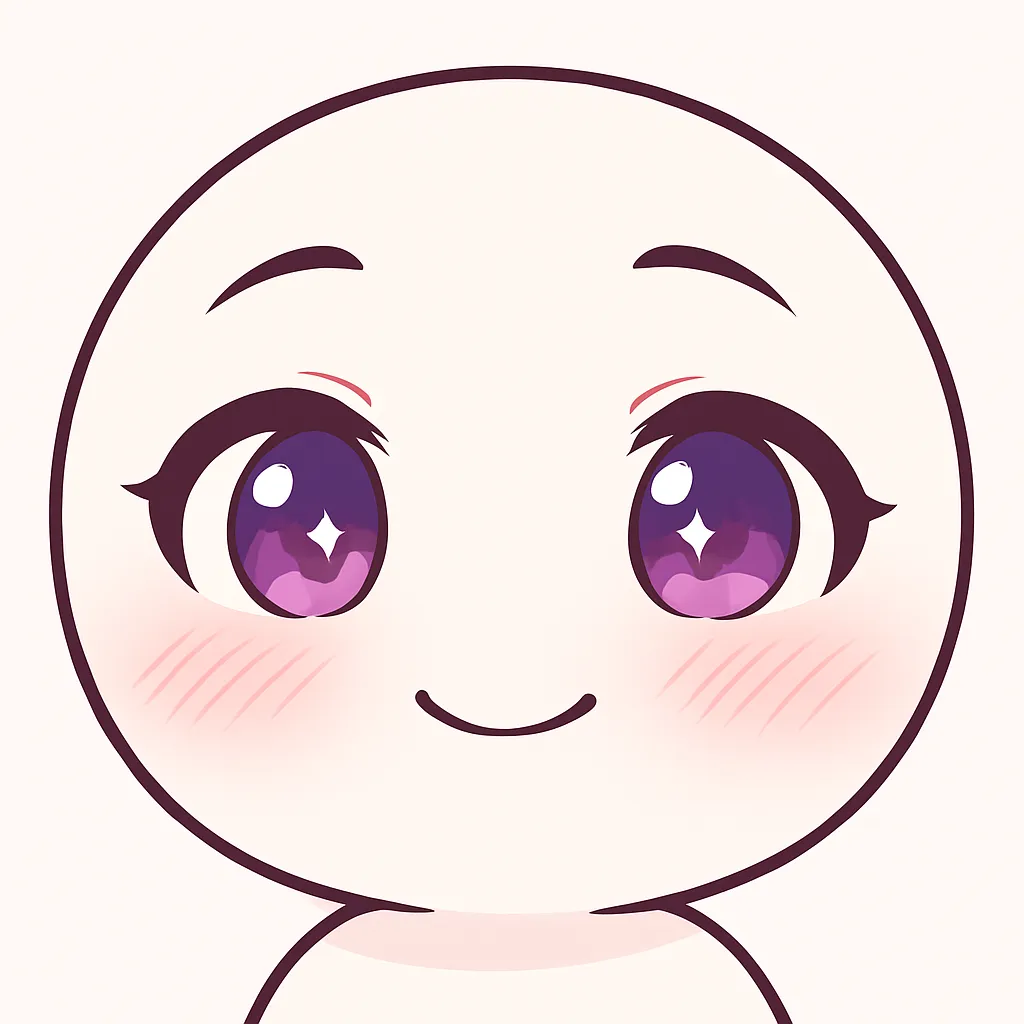 ミニマルトゥーンなうふふ顔文字｜(*´∀｀*)うふふ のように嬉しそうに柔らかく笑う表情をモチーフにしたイラストです。丸い大きな瞳、星のハイライト、小さく開いた口が特徴で、心からの笑みを表情だけで表現しています。