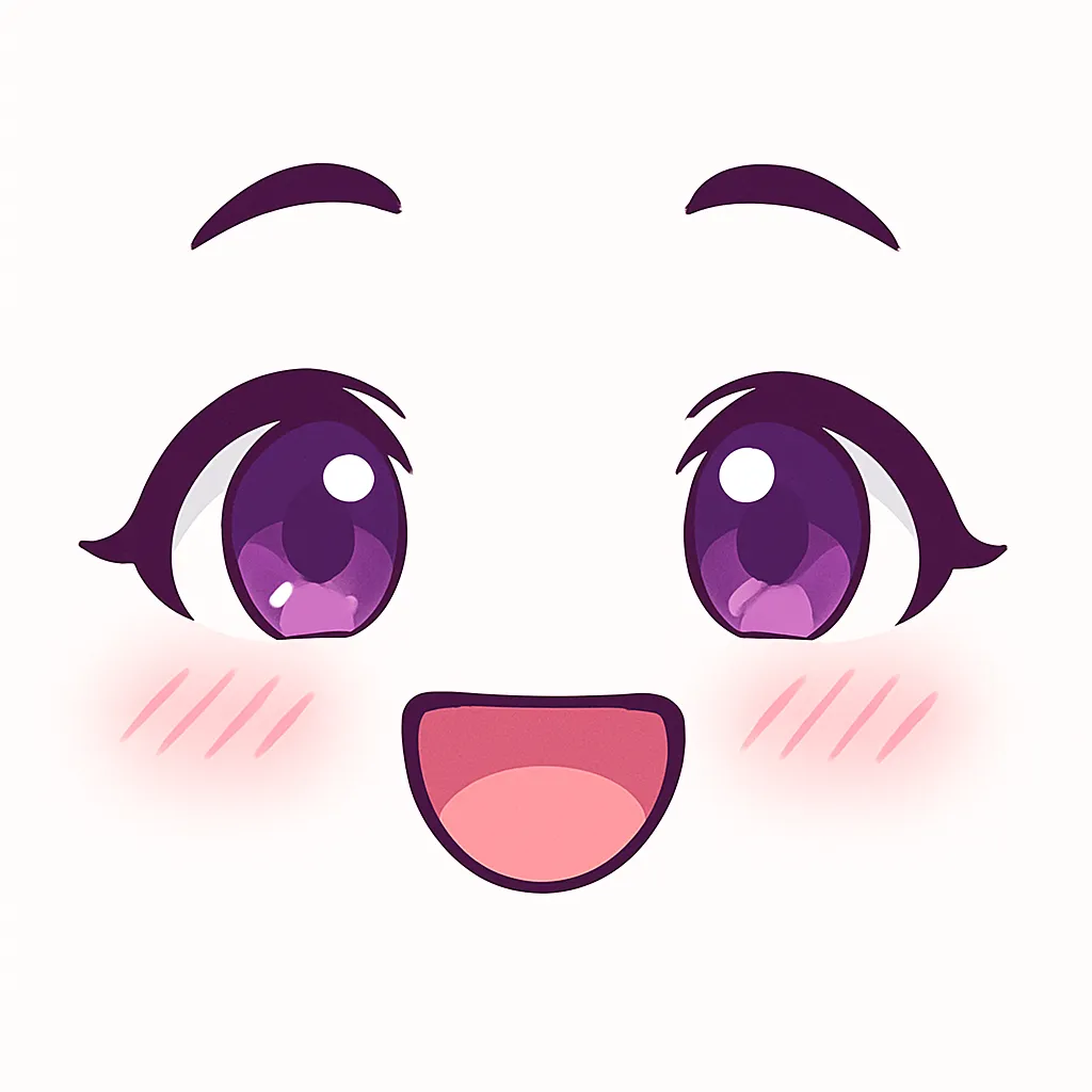 ミニマルトゥーンな喜ぶ顔文字｜この表情は「(〃＾▽＾〃)」をイメージし、心から嬉しさがあふれる喜ぶ顔です。大きく丸い紫の目が優しく輝き、笑顔の口元とほのかな赤い頬が幸福感を演出。太めの眉とシンプルな背景が可愛らしさを引き立てています。