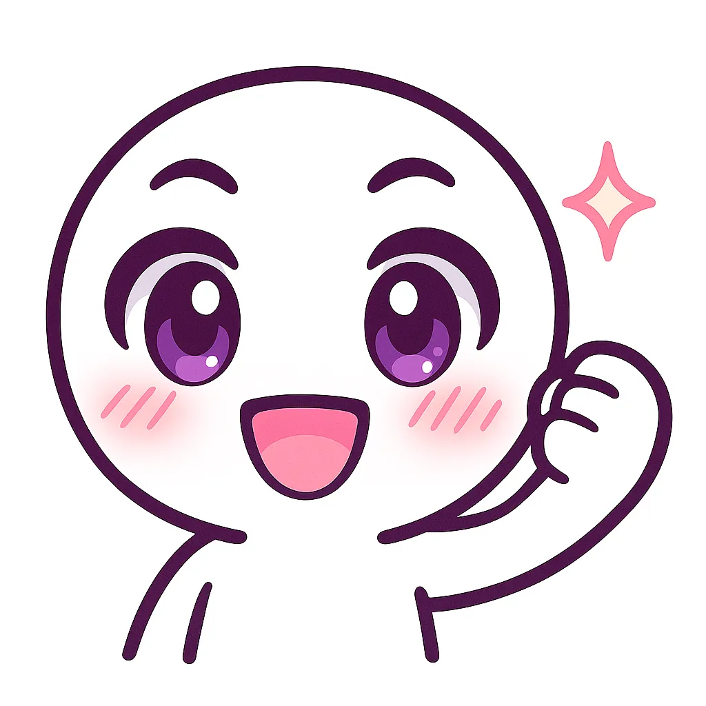 顔文字応援｜(｡•̀ᴗ-)✧　かわいく元気いっぱいな応援の気持ちを表現したアスキーアート風の表情です。大きく輝く紫の瞳と優しく上がった眉、にっこり笑顔が「がんばって！」と背中を押してくれるよう。頬の赤らみが親しみやすさを添え、片手の小さなガッツポーズが可愛さを引き立てます。