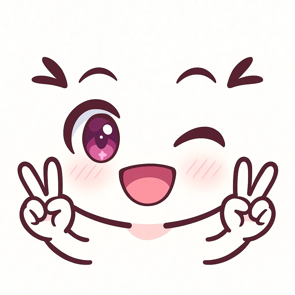 ミニマルトゥーンなピース顔文字｜(*^▽^*)✌ のように両手でピースをしている表情を元にしたコミカルなイラストです。大きな輝く瞳、満面の笑顔、赤らんだ頬が特徴で、アスキーアートの記号的ジェスチャーをそのままビジュアルに再現。白背景に優しい色合いで親しみやすい印象です。