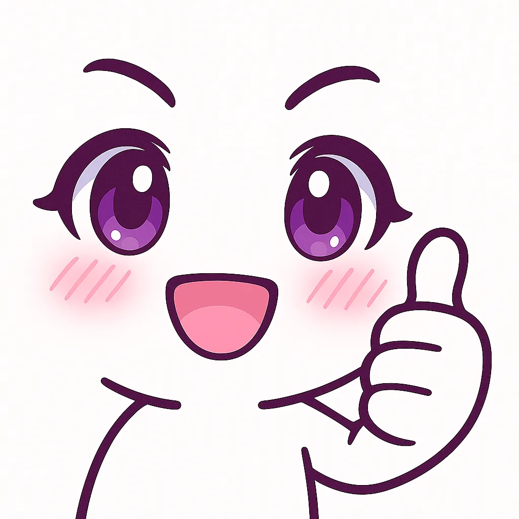 顔文字いいね｜(｡•̀ᴗ-)b　親しみやすく優しい「いいね！」を表現するアスキーアート風の表情です。大きく輝く紫の瞳と柔らかな眉、にこっと微笑む口元が「いいね！」と応援してくれる印象。片手をグッと親指立てている仕草が可愛く、ポジティブな気持ちを伝えます。