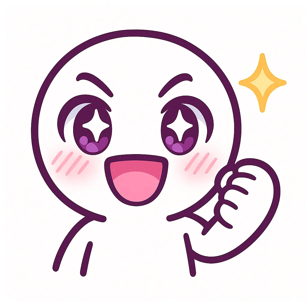ミニマルトゥーンな顔文字グッ｜( •̀ᴗ•́ )و✨ 応援する気持ちを表現した顔文字をモチーフにしたデザインです。大きなキラキラの紫色の瞳と元気いっぱいの笑顔、力強く握った拳が特徴。白背景に滑らかな太線で、シンプルながらポジティブな印象を与えるイラストに仕上げています。