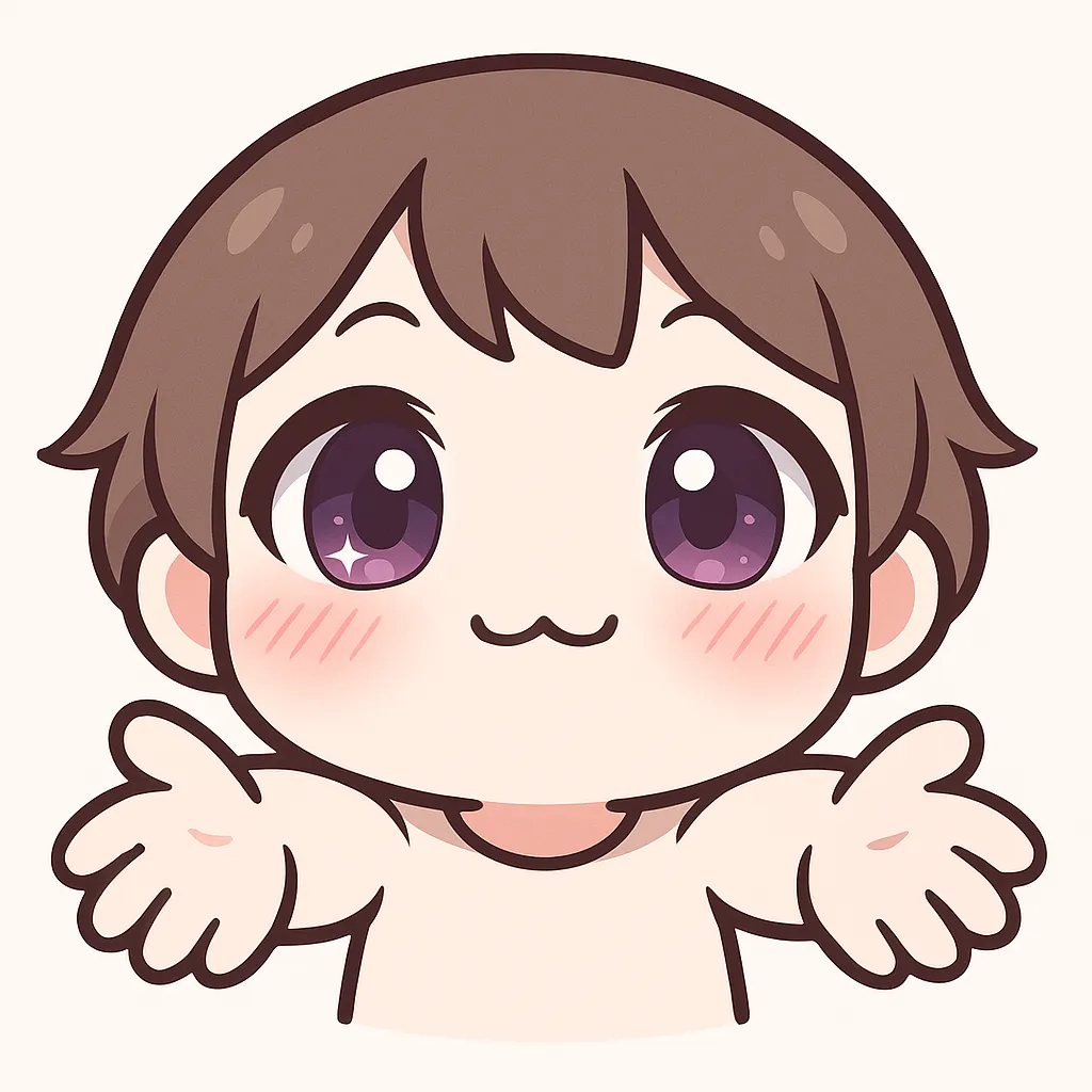 ミニマルトゥーンなぎゅー顔文字｜(*´ω｀*) のように両手を前に出して抱きしめる仕草をモチーフにした優しいイラストです。大きな紫の瞳と赤らんだ頬、小さな笑顔が特徴。アスキーアートの可愛い「ぎゅー」をそのままビジュアル化し、柔らかな線と白背景で温もりを表現しています。