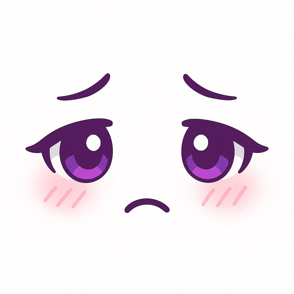 ミニマルトゥーンな顔文字しゅん｜(´・ω・`) しゅんと落ち込んだ表情をモチーフにしたデザインです。大きな紫の瞳がうるんで少ししょんぼりと伏し目がちになり、口元も下がって寂しさを表現。柔らかなピンクの頬と白背景が優しい印象を与えます。
