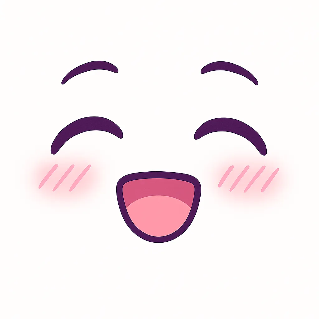 ミニマルトゥーンな顔文字ほっ｜(´▽｀) ほっと安心した表情をテーマにした顔文字イラスト。優しく細めた紫の瞳とゆるんだ口元、ふんわりと上がった眉で穏やかな気持ちを表現。ピンクの頬と柔らかい線で温かみを感じるデザインに仕上げています。