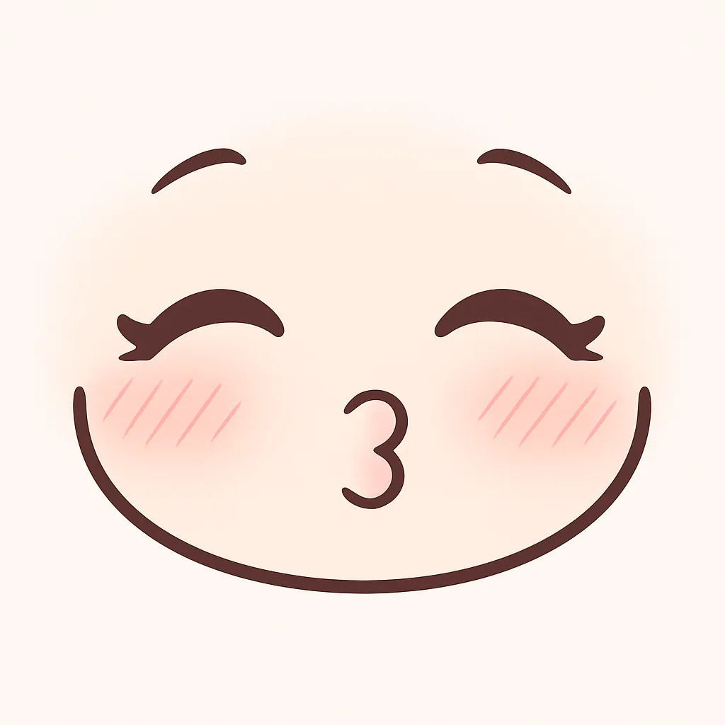 ミニマルトゥーンなキス顔文字｜( ˘ ³˘)chu のようなキス顔文字をモチーフにしたコミカルなイラストです。閉じた瞼、すぼめた唇、赤く染まった頬が特徴で、アスキーアートのキュートな「chu」を表情で再現。白背景に淡い陰影で可愛らしさを際立たせています。