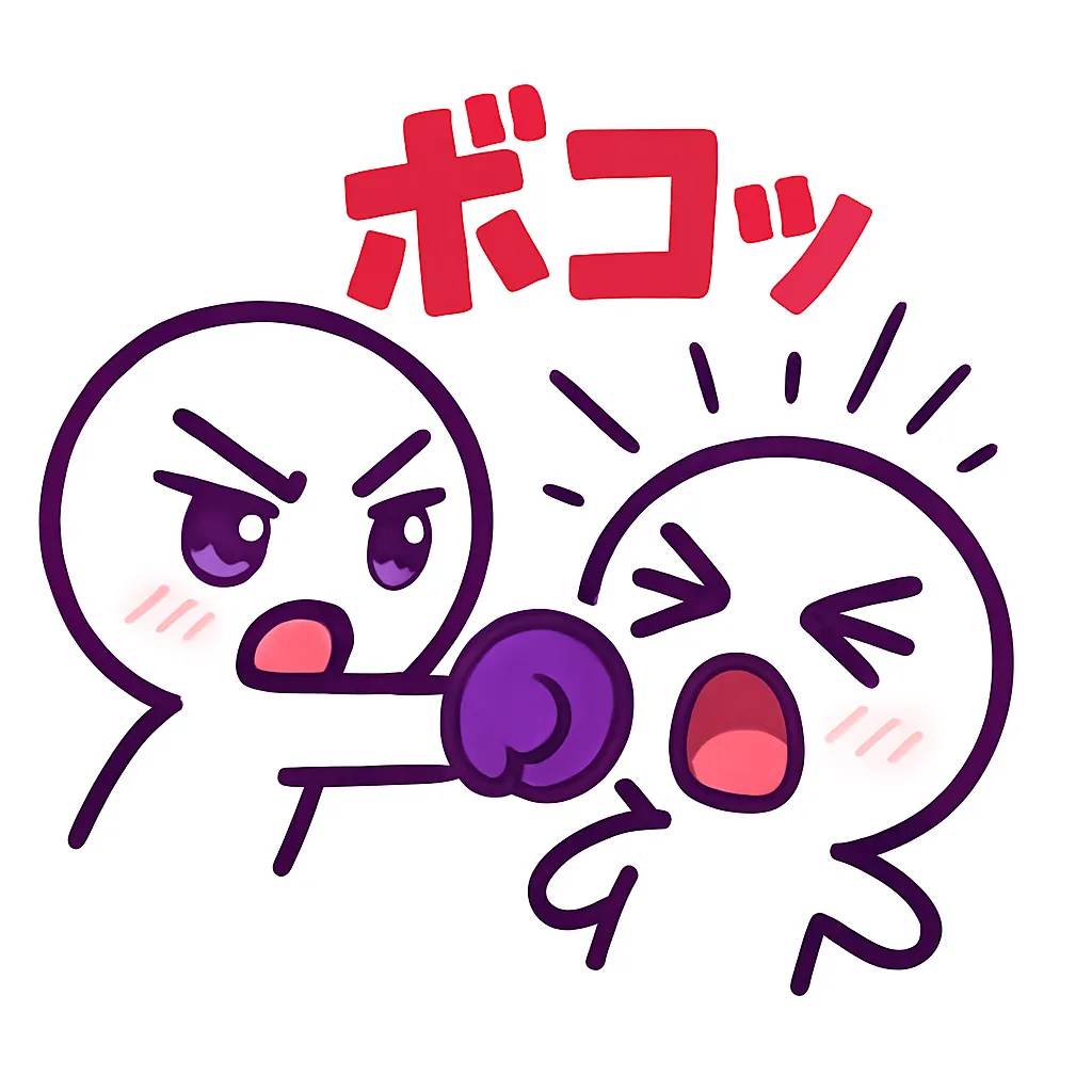 顔文字殴る｜アニメ調の勢いあるパンチポーズで「殴る」感情をネタ的にビジュアル化。片目をつり上げた決意顔のキャラが、前方に拳を突き出す構図。パンチにはエフェクト線と飛び散る星マークが付き、マンガ的な爽快感を強調。
