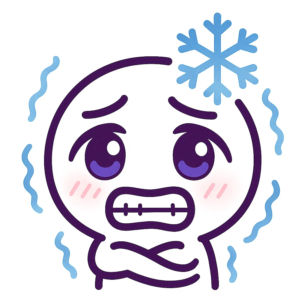 顔文字震える｜恐怖や緊張で体がブルブル震えているような様子を表現。キャラの輪郭や手足が細かく揺れて見えるような線や効果を加え、目は涙目、眉は不安げなハの字。背景の揺れ線や体のブレ感で震えをコミカルに演出。