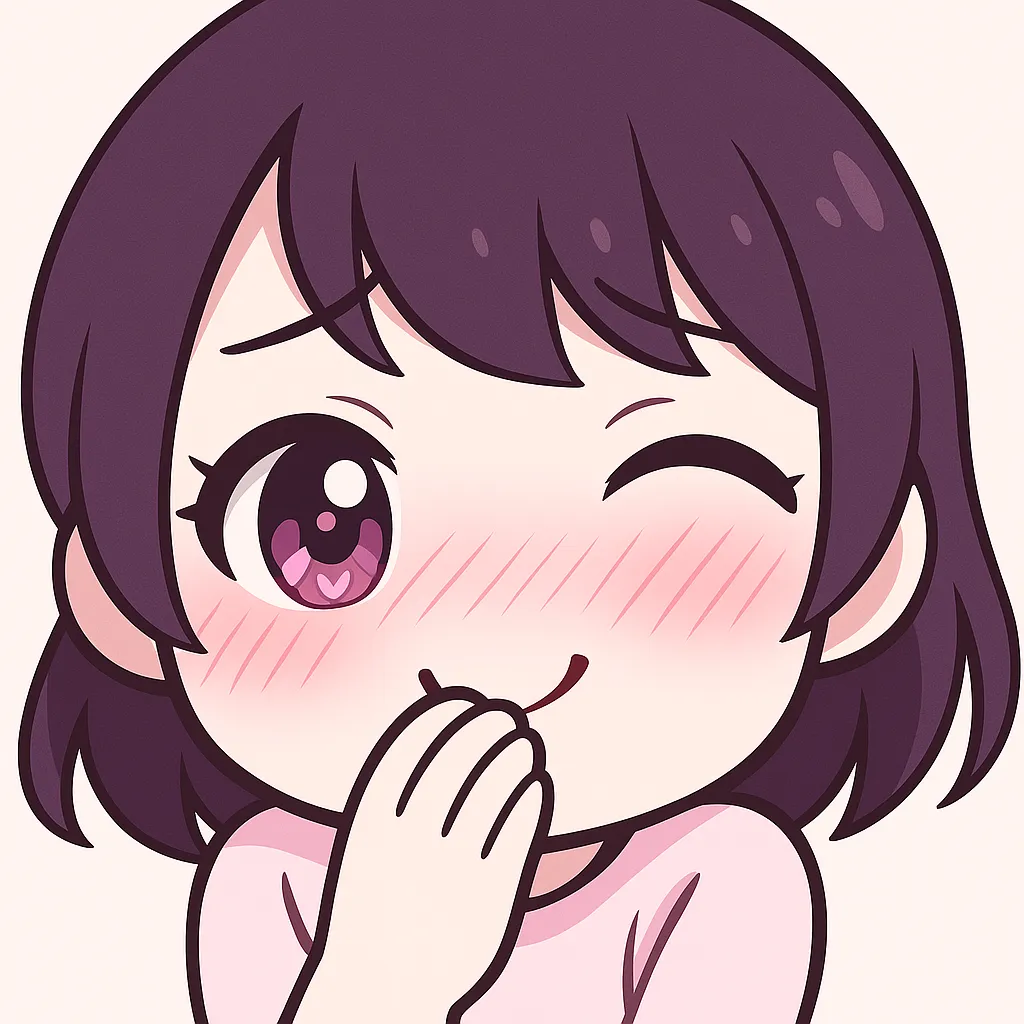 ミニマルトゥーンな恥ずかしい顔文字｜(*´艸｀*) のように口元に手を添えて恥ずかしそうに微笑む顔文字を元にしたイラストです。瞳のきらめきと淡いピンクの頬、ふわっとした表情が可愛らしさを引き立てています。記号的な表現を活かした暖かい印象に仕上げました。