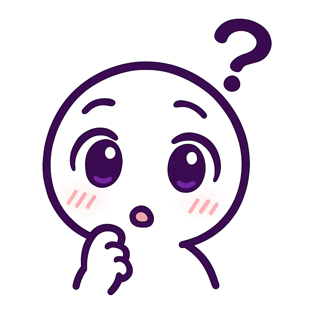 顔文字はてな｜眉を上げた疑問顔と首をかしげたポーズで「？」の気持ちをビジュアル化。キャラの上に「？」マークが浮かび、目はまん丸で口はやや半開き。「(・_・?)」のような表情を参考に、きょとんとしたコミカルな印象に。