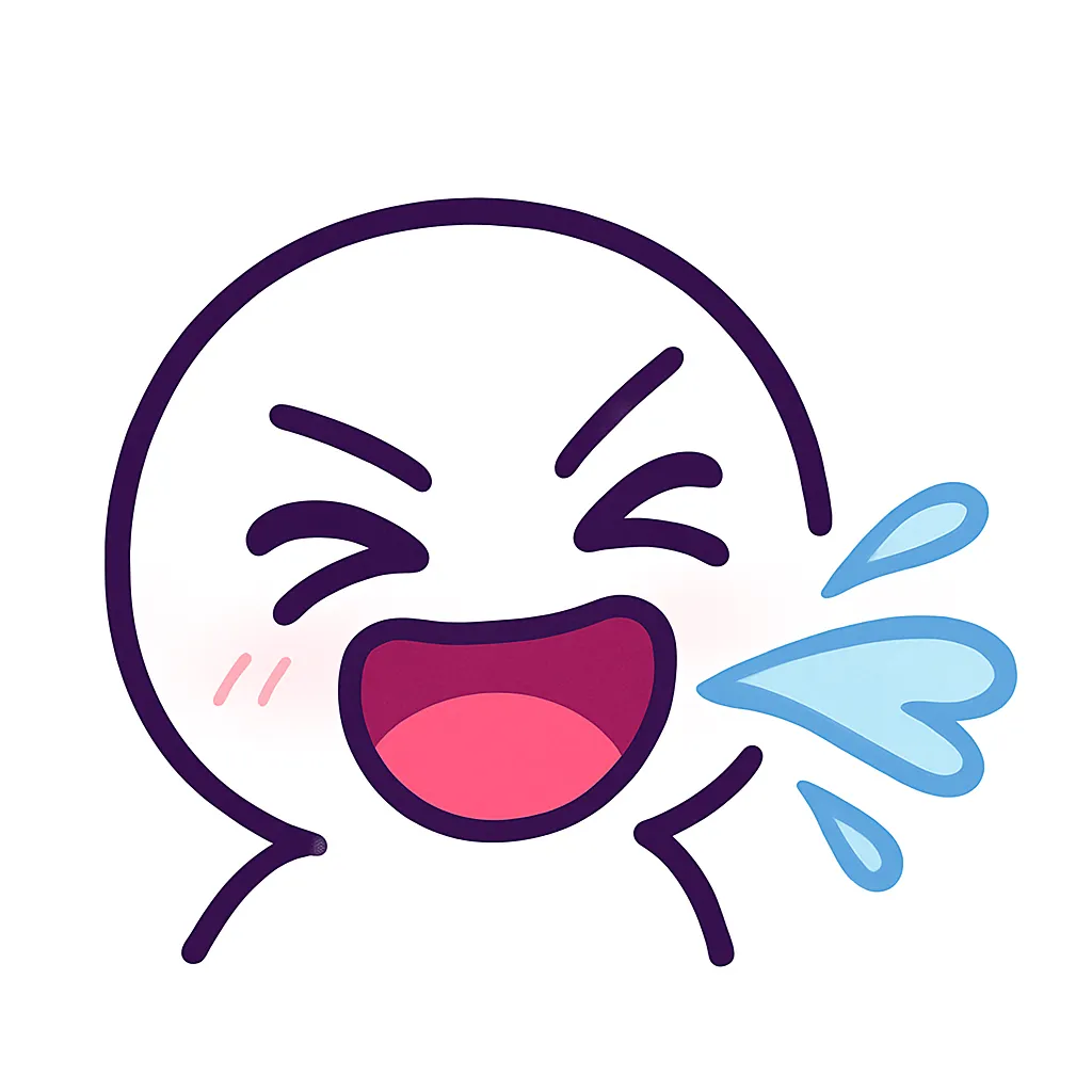 顔文字吹き出す｜頬を膨らませながら口を開けて笑いをこらえきれず「ぷっ」と吹き出す構図。顔は真っ赤に染まり、口元からは水しぶきのような笑いエフェクト。「(≧ε≦● )ぷっ」のような笑い系アスキーアートを参考に、ネタ的リアクションに仕上げた。