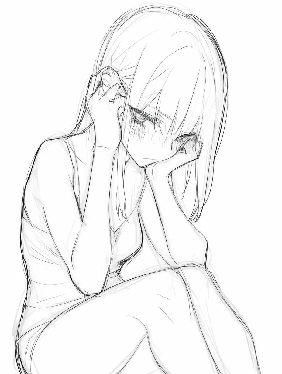 困ったポーズの沈むマネキン｜手で髪を押さえながら目線を落とす姿が繊細に描かれた女性マネキン。困ったポーズの静かな感情表現が、空気を静止させるような余韻を残します。
