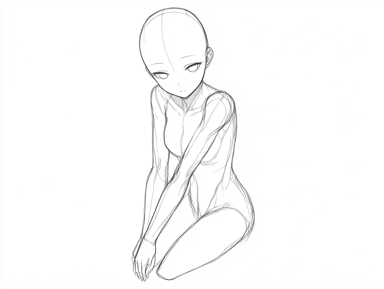 座り前かがみポーズマネキン｜床に座った体勢で柔らかく前に傾いた姿が優しい雰囲気を醸す前かがみポーズ。手の置き方と目線の角度が静かな感情を表現している。