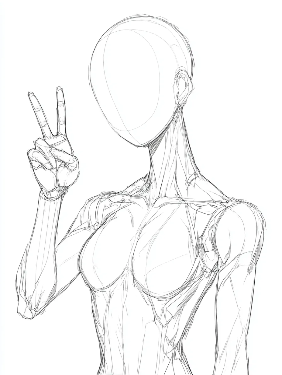 構造描写のピースポーズマネキン｜筋肉や関節の構造が丁寧に描かれた上半身に、指先でピースポーズを決める手がアクセント。描画練習にも適したバランス感あるデザイン。