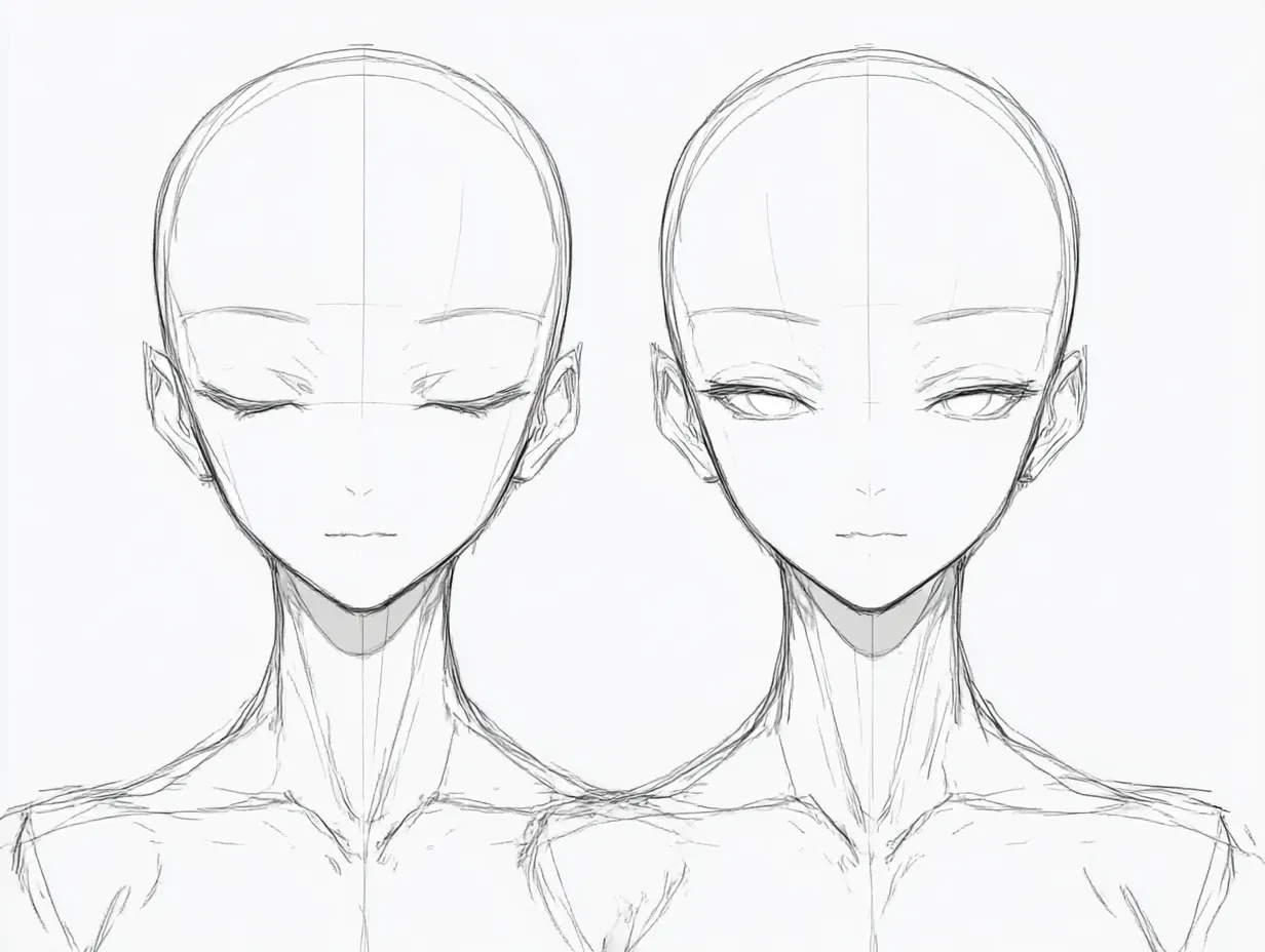 正面静対マネキン｜穏やかに目を閉じる者と静かに見つめ返す者。微細な表情の差が際立ち、同じ方向を向いていても内面の「対」を示すような繊細な描写が魅力の構図。