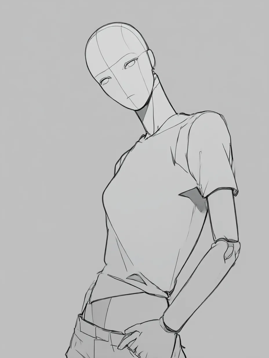 カジュアルな腰に手ポーズマネキン｜Tシャツとデニム風の服装で、自然体な立ち姿。日常シーンのキャラ作画にも使いやすいポージング。