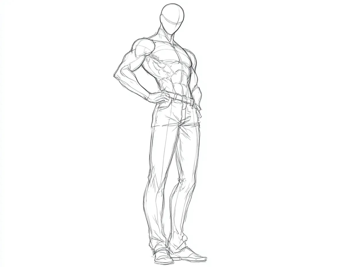 男性的な腰に手ポーズマネキン｜逆三角形の筋肉質なシルエットで、男性キャラの威圧感や堂々とした立ち姿を強調。衣服の張りも丁寧に描写。