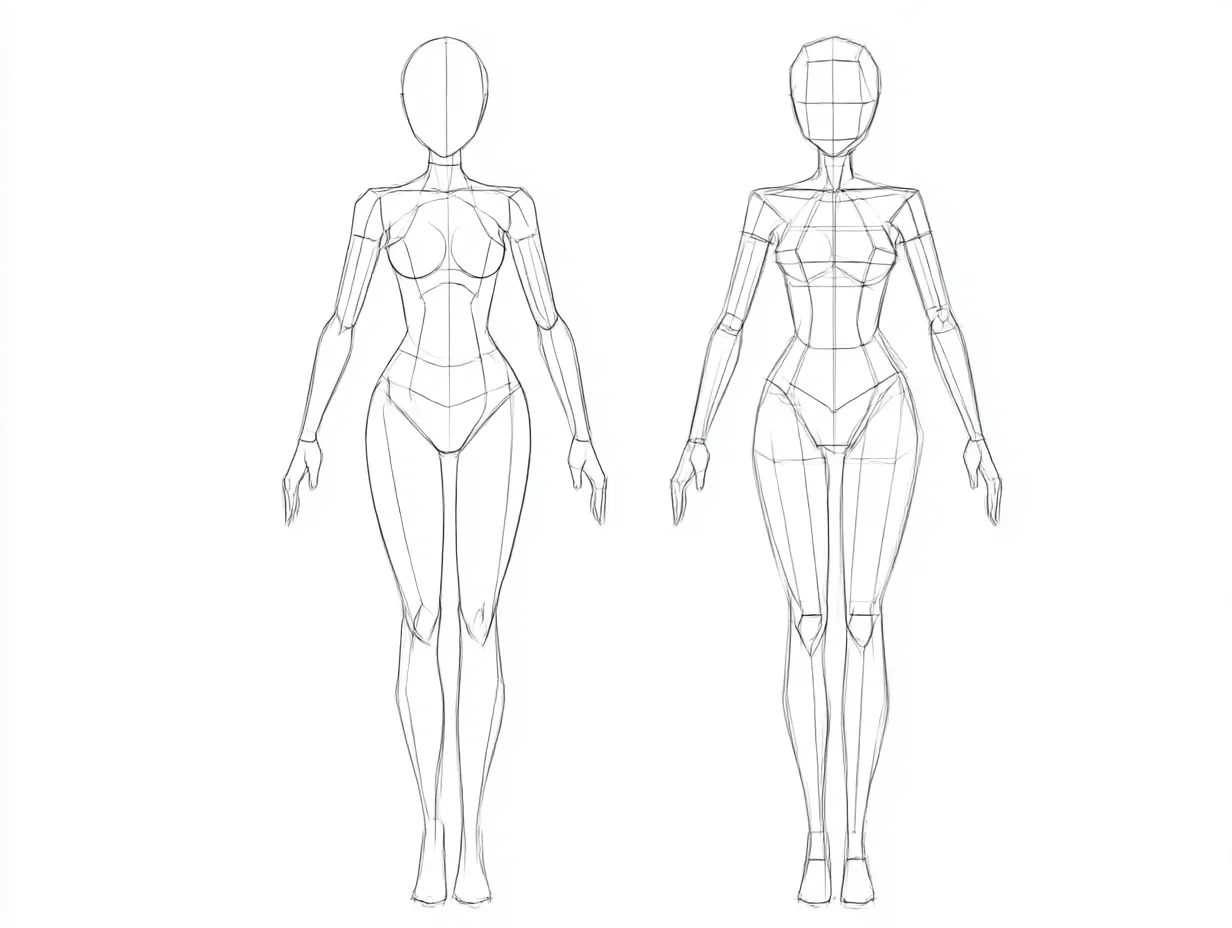構造体の対マネキン｜立ち姿をベースに、関節と筋肉の構造を意識した設計図のようなマネキンペア。立ち姿とディテールの重なりから「対」の造形バランスを学べる構図。