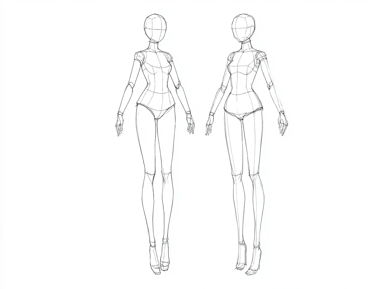 斜め配置の対マネキン｜パースを効かせた斜め配置が特徴で、重心や視線の交差が印象的な一枚。構図の工夫によって生まれる奥行きのある「対」が動きを引き立てる。