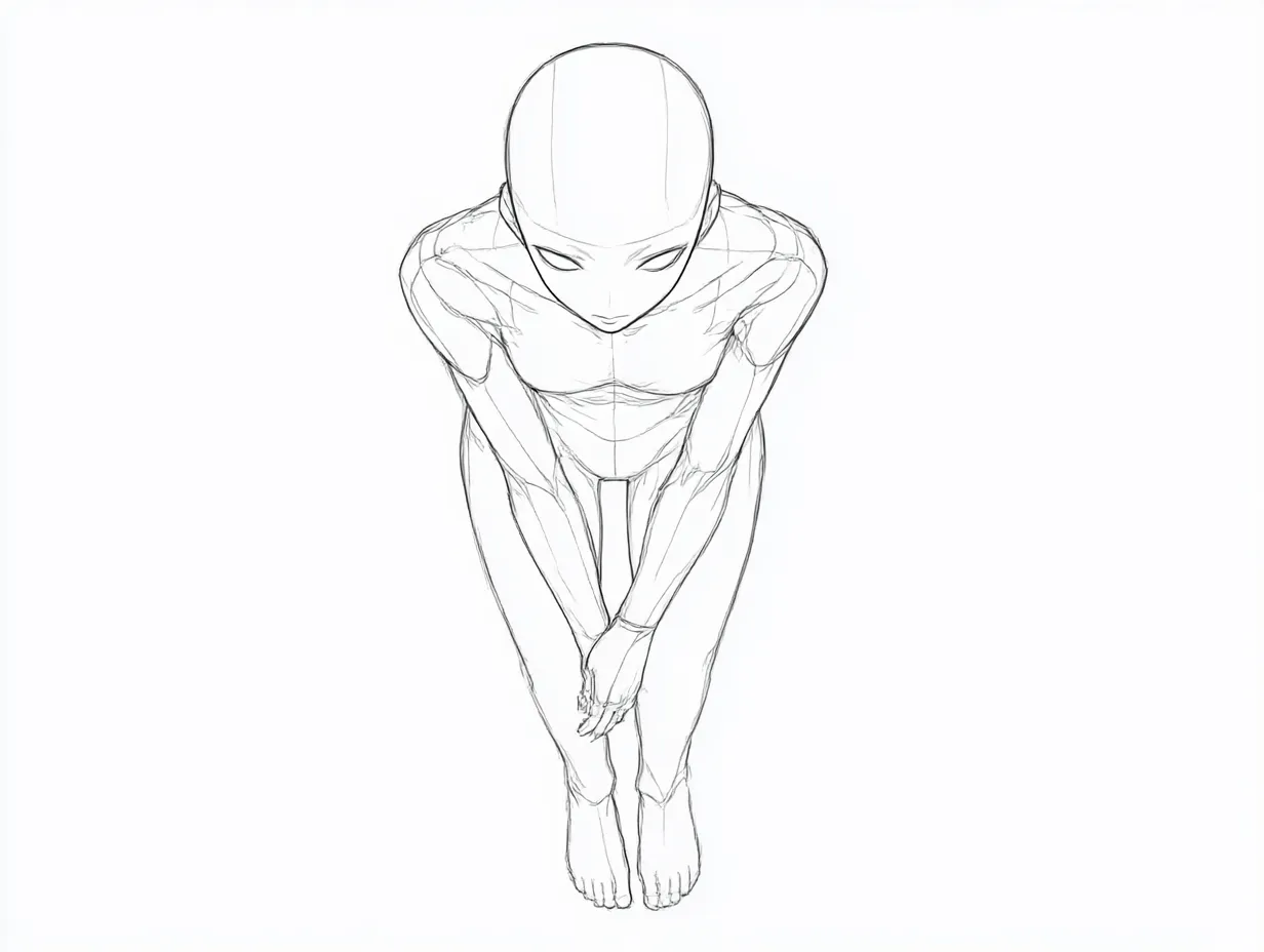 俯瞰視点の前かがみポーズマネキン｜上からの視点で描かれた構図により、首元や肩の傾きが強調される前かがみポーズ。立体感のある遠近と流れる線が特徴の構成。