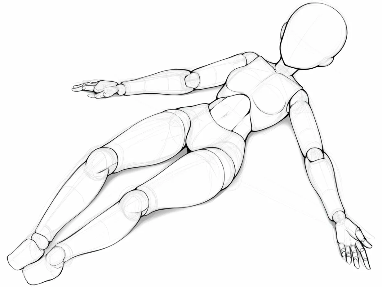 寝ポーズ｜仰向けに寝た体勢は、無防備さと静けさを象徴するような構図。身体のひねりや首の向きにリズムが生まれ、手足の開き具合がリラックスした状態を自然に表現している。