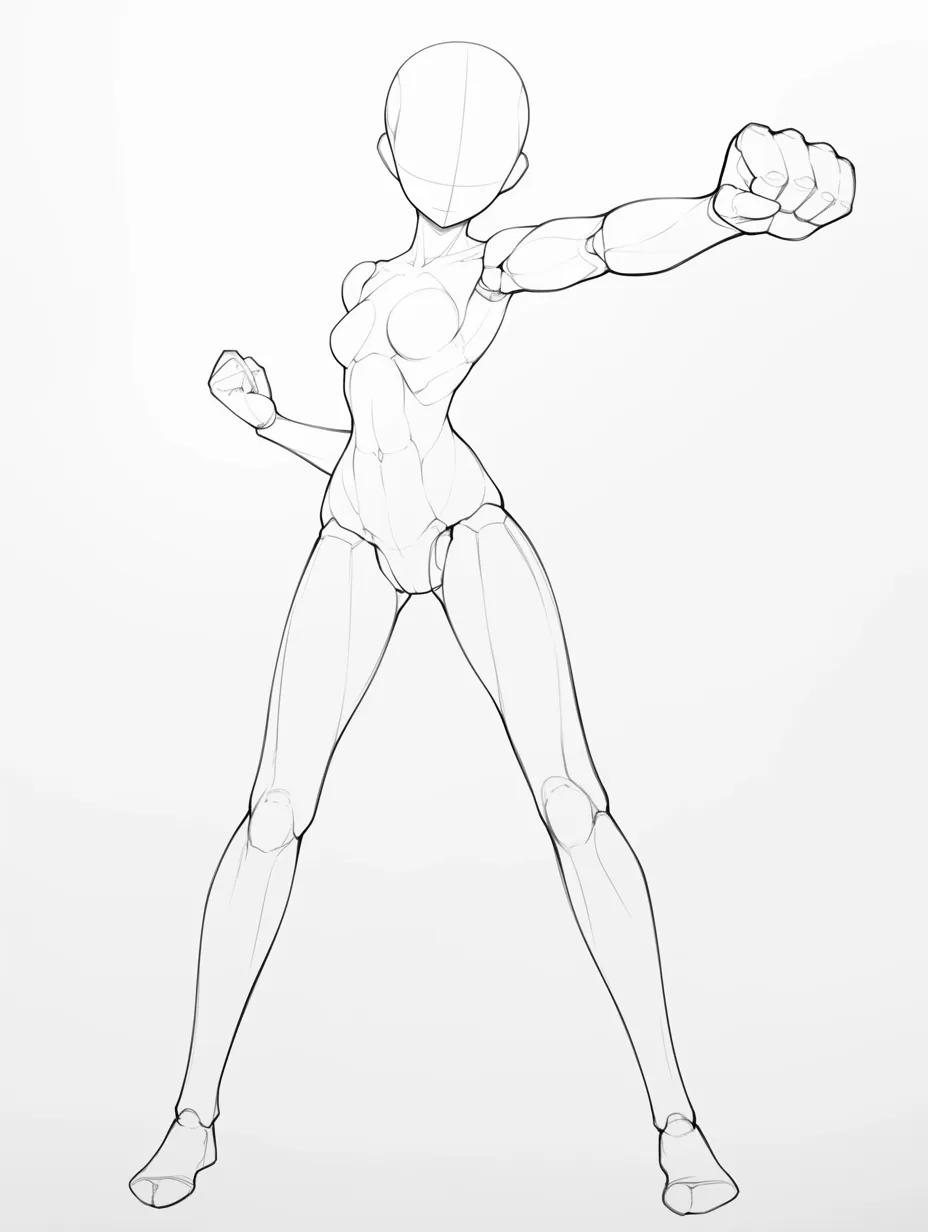 パンチポーズ（1）｜奥行きのあるアングルで放たれるパンチは、スピード感と力強さを同時に表現。前方に突き出た拳と後方に引いた腕のバランスが、動きの立体感を強く際立たせている。