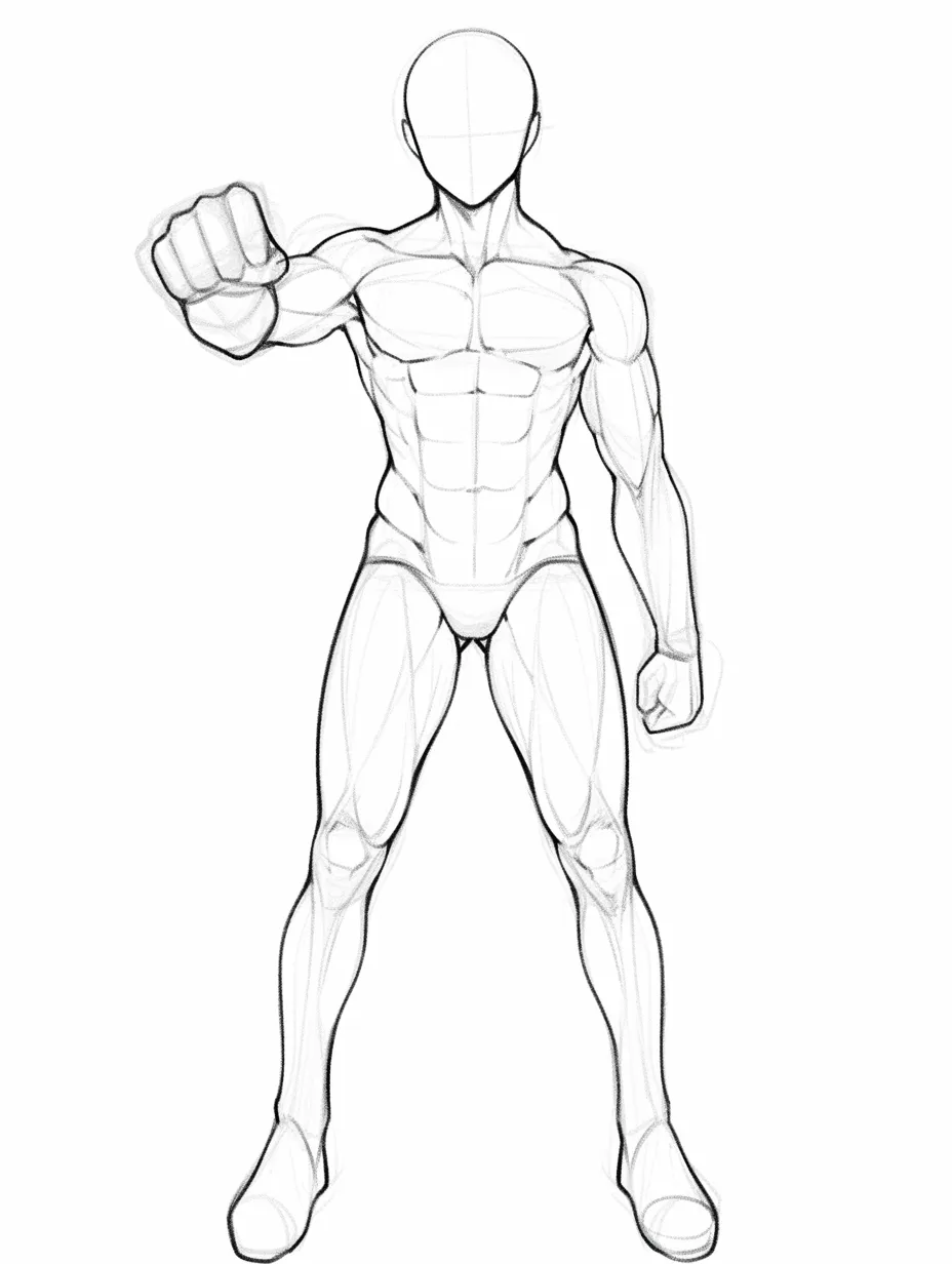パンチポーズ（2）｜正面構図で突き出された拳が視線を引きつける印象的なポーズ。全身の筋肉が緊張しており、踏ん張った脚と広がる肩幅が、拳の重みや迫力を力強く支えている。