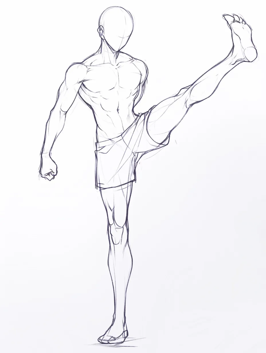 キックポーズ（1）｜高く蹴り上げた脚がダイナミックな動きを描くポーズ。上半身をややひねりながら腕を振ることで、回転と勢いが自然に感じられる戦闘的な構成になっている。
