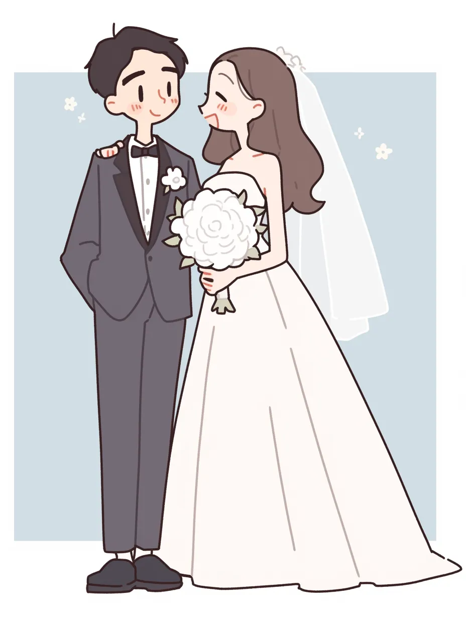 結婚・寄り添う二人の幸せな姿｜淡いブルーの背景と柔らかなタッチで描かれた結婚のイラスト。新郎新婦が寄り添いながら微笑み合う様子が、穏やかで心温まる雰囲気を演出している。