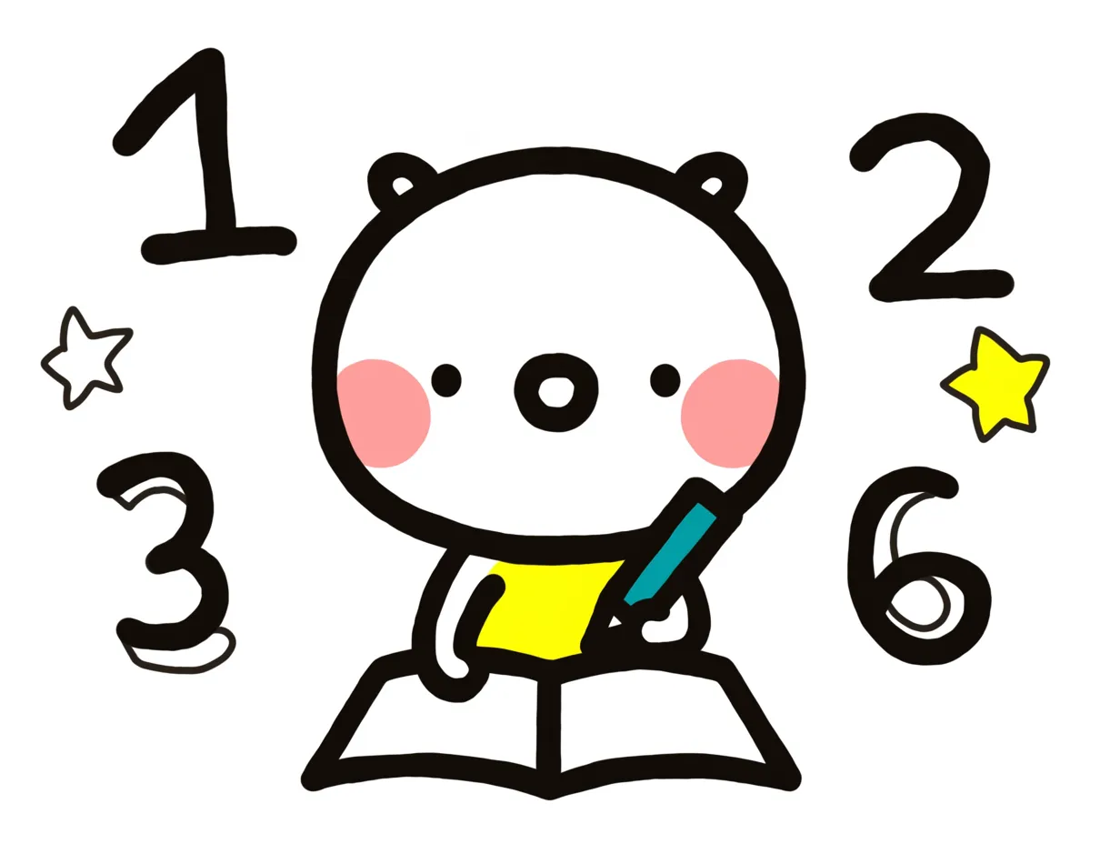 算数を学ぶくまのキャラクター｜手書き風のゆるい線で描かれたくまのキャラクターが、ノートに書き込んでいるイラスト。背景には大きめの数字が配置され、算数の楽しさを感じさせるデザイン。柔らかな色使いとシンプルな表情が親しみやすく、子ども向けの教材やプリントに適した雰囲気。