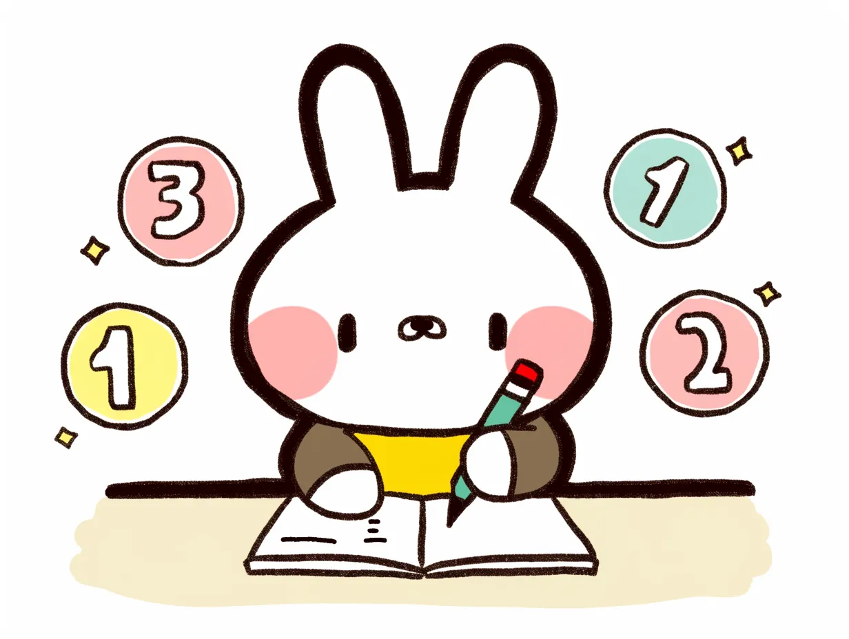 算数を勉強するうさぎのキャラクター｜もこもことしたフォルムのうさぎがノートを開き、鉛筆を持って算数の問題に取り組んでいるイラスト。背景にはカラフルな数字がデザインされ、楽しく学習する雰囲気を演出。淡い色合いと手描き風の温かみがあり、子ども向けの教材やワークシートに使いやすい。