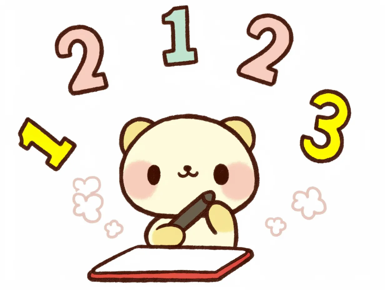算数の練習をするくまのキャラクター｜丸みのあるフォルムのくまがノートに向かって一生懸命算数の練習をしているイラスト。周囲にはカラフルな数字が浮かび、学ぶ楽しさを表現している。優しい色調とシンプルな線が、幼児向け教材や算数の導入に適した安心感のあるデザイン。