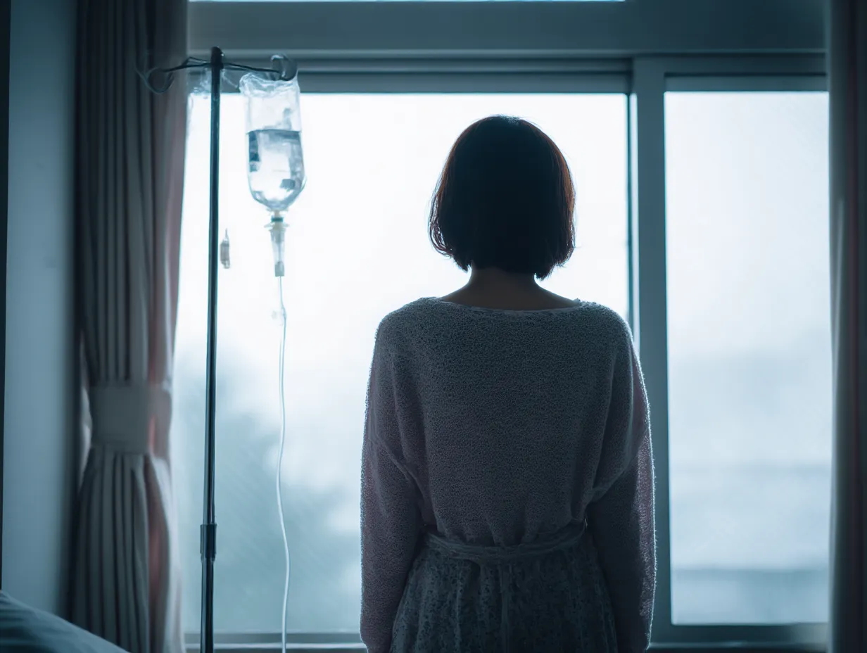 窓辺に立つ女性の入院写真｜点滴を受けながら窓の外を見つめる女性を後ろ姿で捉えた入院写真。逆光の演出により、内面の思いや回復への祈りを感じさせる詩的な構図。