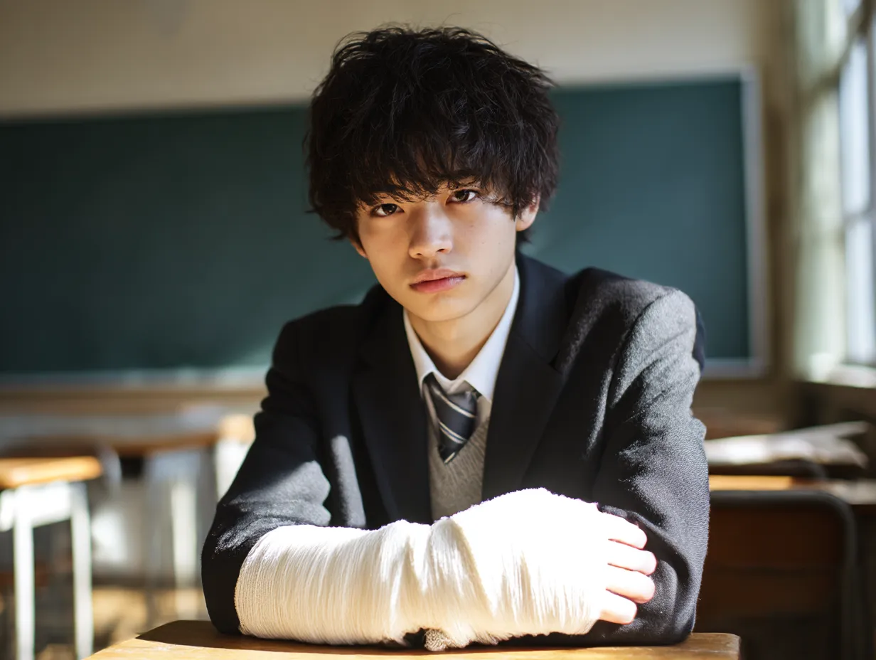 制服男子高校生の腕骨折写真｜教室の中で包帯を巻いた腕を机に置き、真っ直ぐ前を見つめる男子高校生の写真。自然光と制服姿が青春の一瞬を切り取り、内に秘めた強さを感じさせる構図。