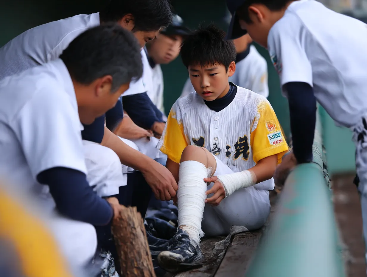 少年野球選手の足骨折写真｜ベンチで足を固定された少年野球選手に大人たちが寄り添う場面を捉えた写真。スポーツの緊張感と痛みを共有するチームの空気がリアルに伝わるドラマチックな構図。